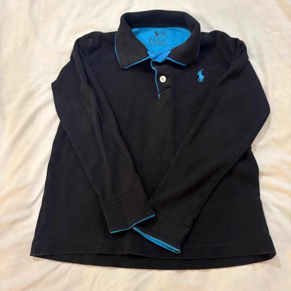 Polo Ralph Lauren Boys Black Long Sleeve Polo Shirt Turquoise Trim Size 152 (12)